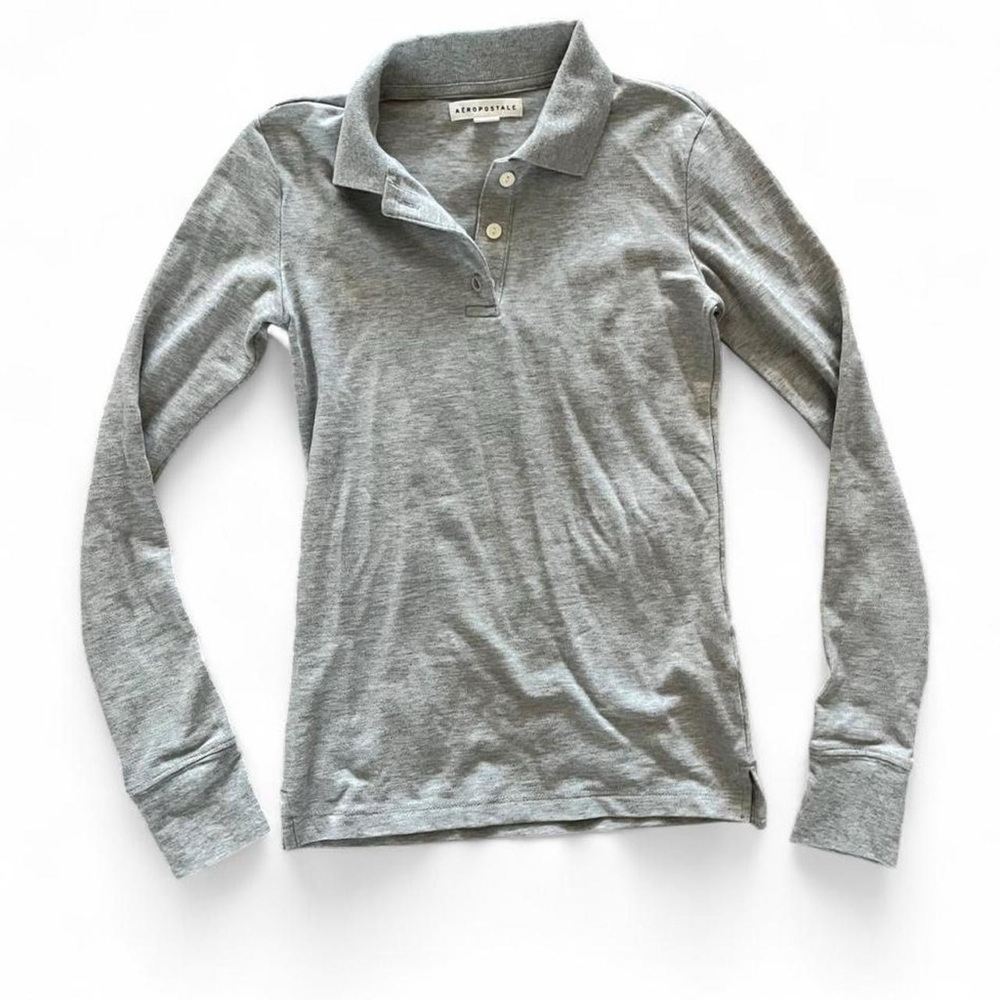 Aeropostale Heather Gray Polo Fitted Long Sleeve Shirt